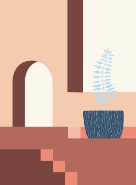 Minimalist mimari soyut geometrik şekiller, ev, kemer, doku elementleri, minimalist stil. Poster, duvar kağıdı, tekstil tasarımı, kartpostal, konsept, clipart, vektör 