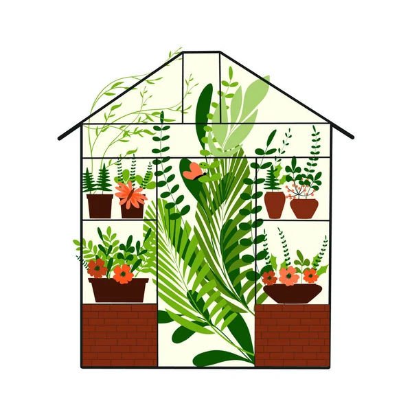 Pflanzensatz Flachen Töpfen Blumen Palmblätter Garten Häuschen Gebäude Gewächshaus Gartenarbeit — Stockvektor