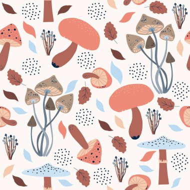 Kusursuz desen, orman mantarları, bitkiler, mantar, kahverengi, mavi renk, beyaz arka planda tasarım. Vektör illüstrasyonu, botanik elementler, minimalist stil, el çizimi. 