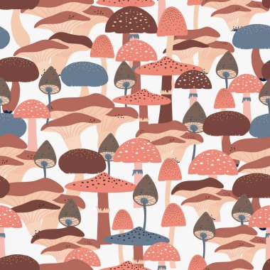 Kusursuz desen, orman mantarları, bitkiler, mantar, kahverengi, mavi renk, mavi arka planda tasarım. Vektör illüstrasyonu, botanik elementler, minimalist stil, el çizimi. 