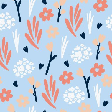 Kusursuz doğal yaz çiçekleri, soyut çiçekler ve mavi arka planda yapraklar. El çizimi. Tekstil, duvar kâğıtları, basılı ürünler için tasarım. Vektör illüstrasyonu