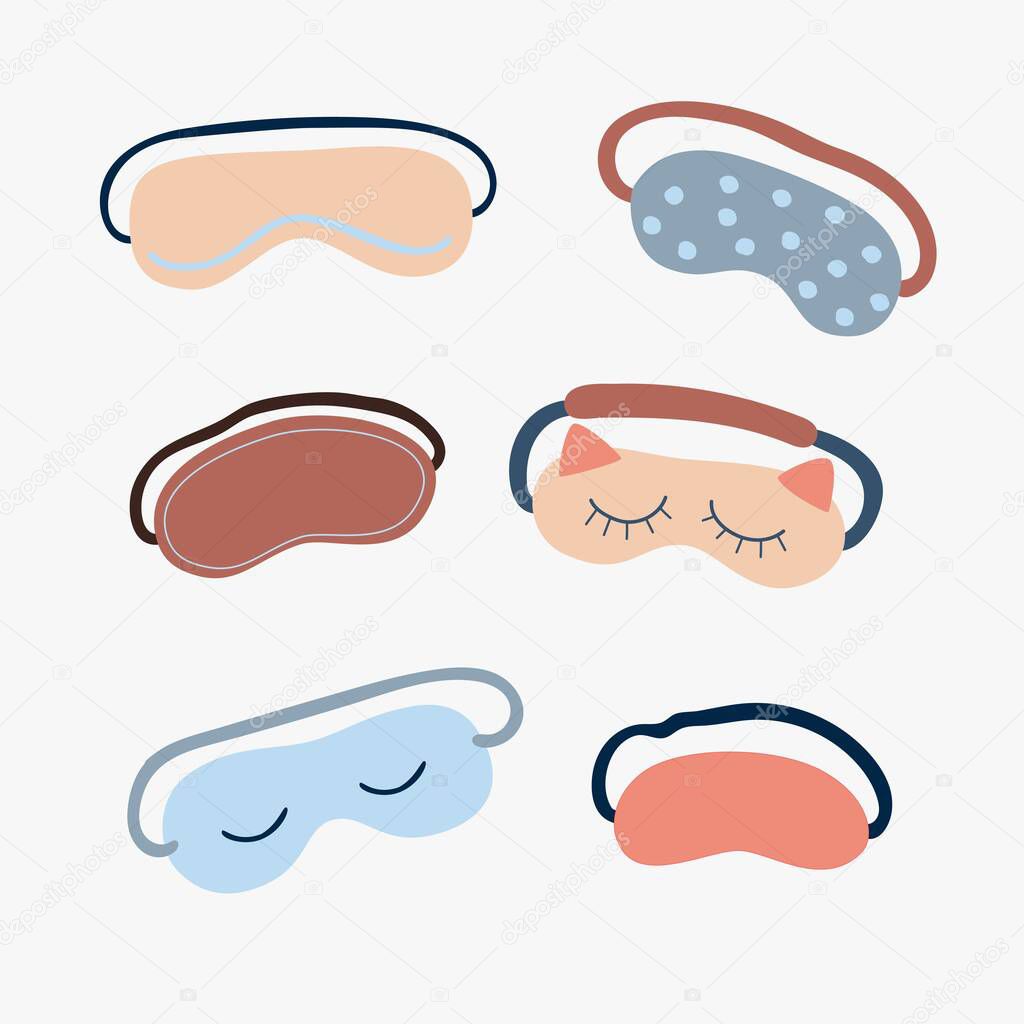 Set of funny sleeping masks, abstract  drawing on a white background. Hand drawing. Design for textiles, wallpapers, printed products. Vector illustration