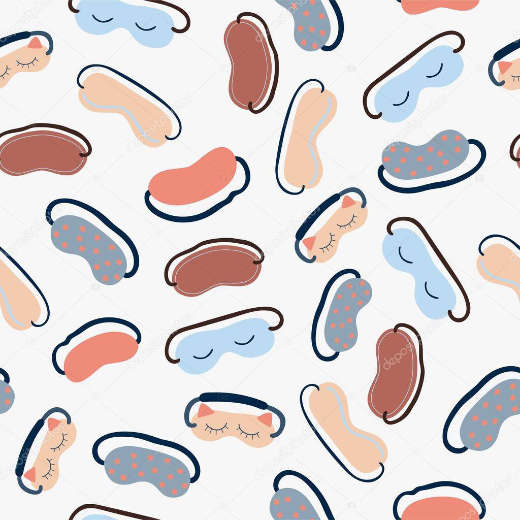 Seamless pattern, funny sleeping mask, abstract  shapes on a white background. Hand drawing. Design for textiles, wallpapers, printed products. Vector illustration