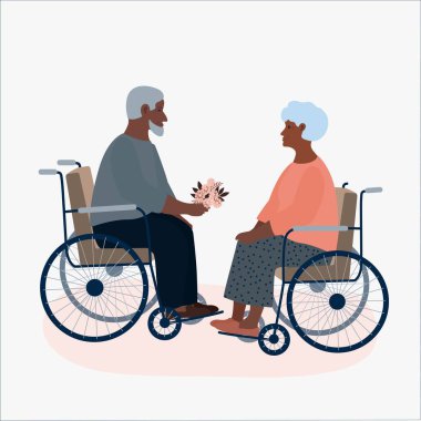 Yaşlı erkek ve kadın ilişkisi, evlilik, düğün, buket, elinde çiçekler, aşk, çift, tekerlekli sandalyede engelli, mutlu yaşlılık konsepti. Büyük anne ve büyük baba birlikte, çizgi film tarzında. Minimalizm, vektör