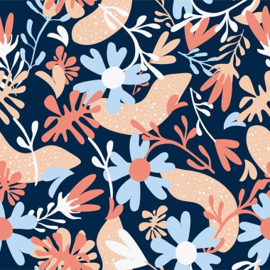 Kusursuz doğal çiçek deseni, soyut çiçekler ve koyu mavi arka planda yapraklar. El çizimi. Tekstil, duvar kâğıtları, basılı ürünler için tasarım. Vektör illüstrasyonu