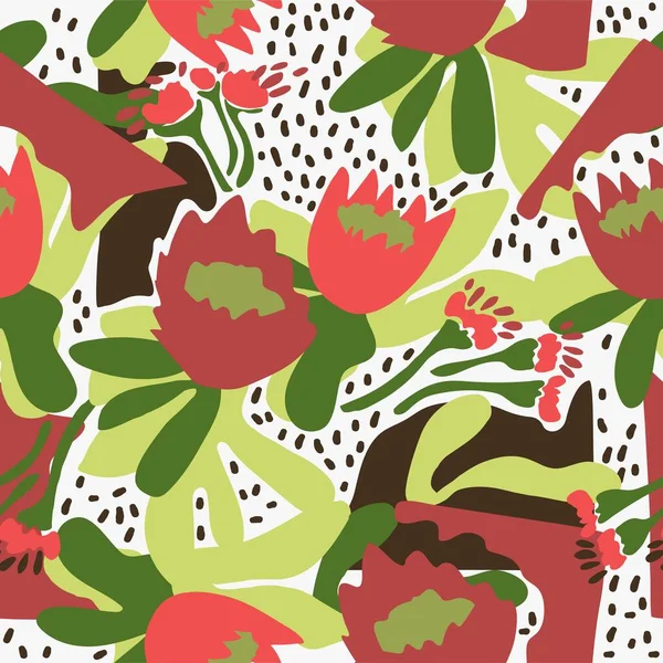 Patrón Floral Natural Sin Costuras Flores Rojas Abstractas Hojas Verdes — Vector de stock