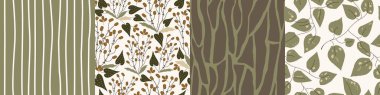  Bir dizi kusursuz doğa düzeni. Soyut şekiller, botanik elementler, yapraklar, bitkiler, sonbahar, beyaz ve yeşil arkaplan, el çizimi, minimalist, ambalaj, duvar kağıdı, tekstil tasarımı, vektör