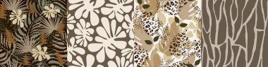  Bir dizi kusursuz doğa düzeni. Soyut şekiller ve botanik elementler, palmiye yaprakları, bitkiler, beyaz ve kahverengi arkaplan, el çizimi, minimalist, ambalaj, duvar kağıdı, tekstil tasarımı, vektör
