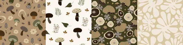 Set Seamless Nature Pattern Abstract Shapes Elements Leaves Plants Mushrooms Vector Graphics