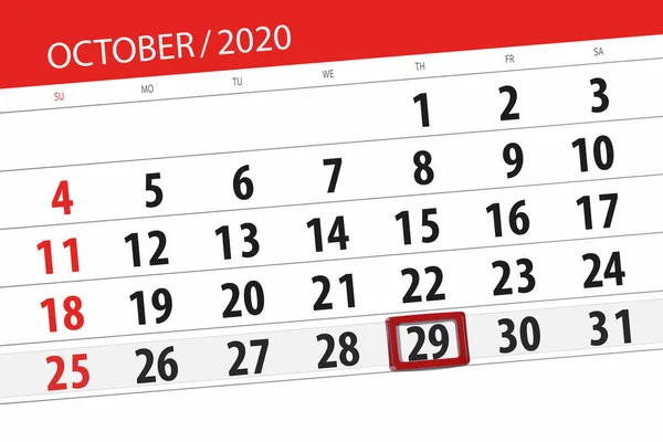 Planificator Calendar Pentru Luna Octombrie 2020 Data Limită Joi — Fotografie, imagine de stoc