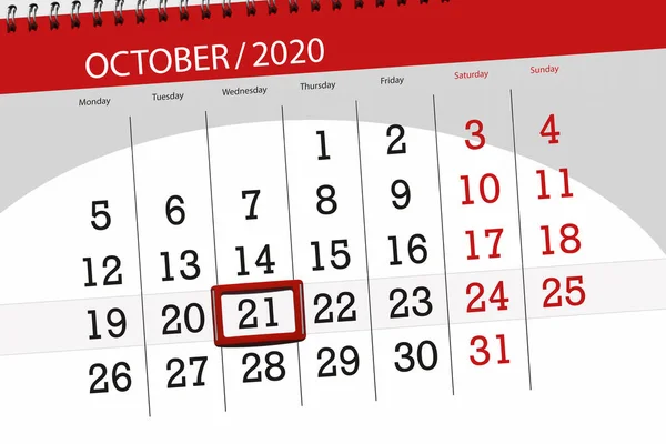 Calendar Planner Month October 2020 Deadline Day Wednesday — Stock Photo, Image