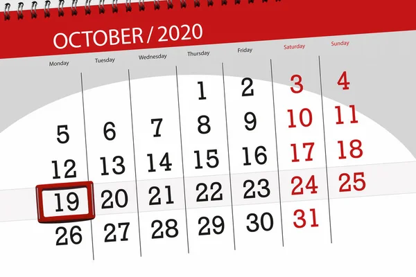 Kalendář Plánovač Měsíc Říjen 2020 Termín Den Pondělí — Stock fotografie