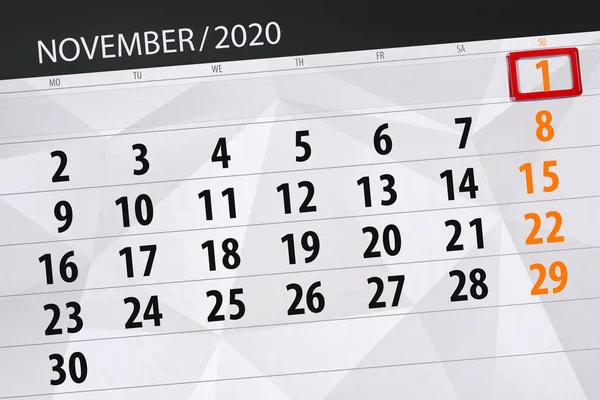 Planificator Calendar Pentru Luna Noiembrie 2020 Data Limită Duminică — Fotografie, imagine de stoc