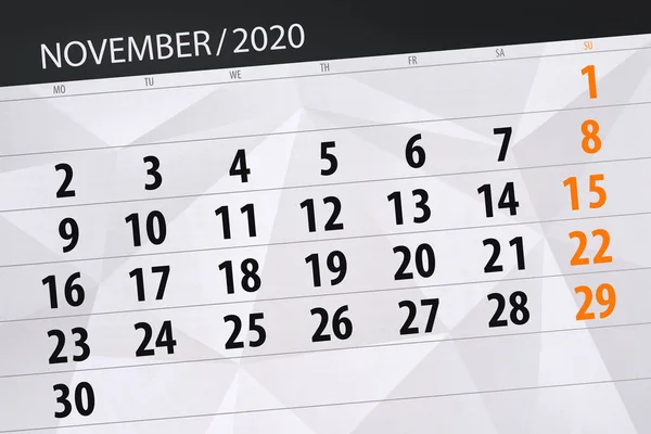 Planificator Calendar Pentru Luna Noiembrie 2020 Data Limită — Fotografie, imagine de stoc