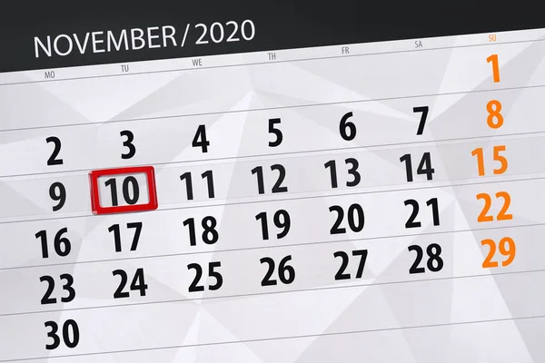 Планувальник Календаря Місяць Листопад 2020 Року Дедлайнний День Вівторок — стокове фото