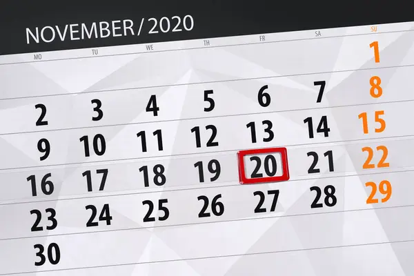 Planificator Calendar Pentru Luna Noiembrie 2020 Data Limită Vineri — Fotografie, imagine de stoc