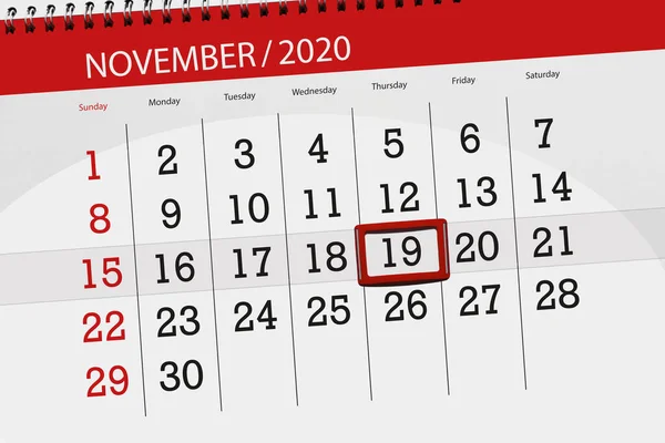 Kalendář Plánovač Měsíc Listopad 2020 Termín Den Čtvrtek — Stock fotografie