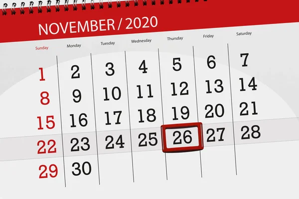 Calendário Planejador Para Mês Novembro 2020 Data Limite Quinta Feira — Fotografia de Stock