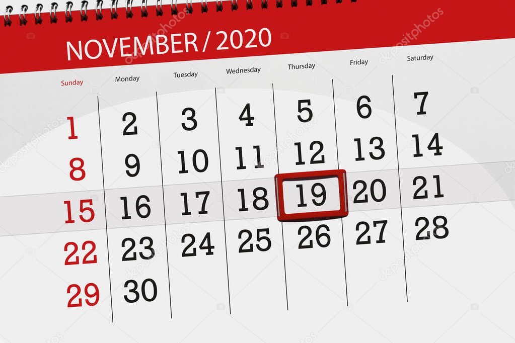 Calendar planner for the month november 2020, deadline day, 19, thursday.