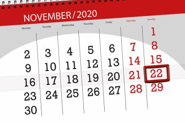 Kasım 2020, ayın takvim planlayıcısı, son gün, 22, Pazar.