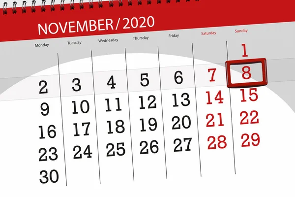 Kalenderplanlegger November 2020 Fridag Søndag – stockfoto