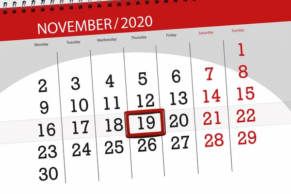 2020年11月的日历计划 截止日期 19日 星期四 — 图库照片