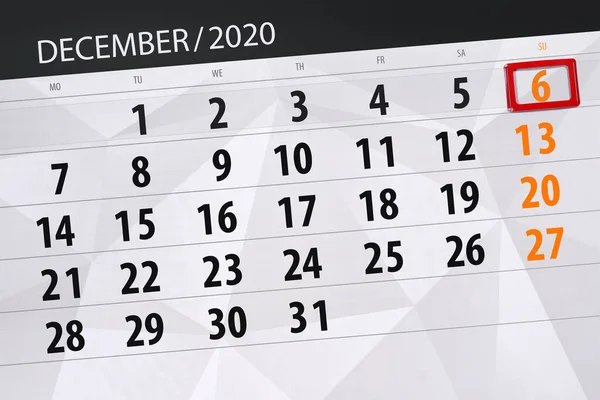 Planificador Calendario Para Mes Diciembre 2020 Fecha Límite Domingo — Foto de Stock