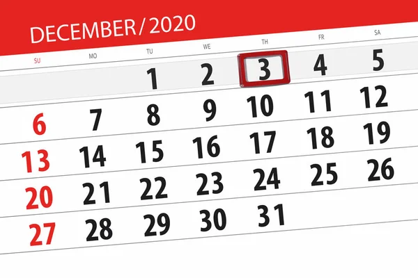 Planificador Calendario Para Mes Diciembre 2020 Fecha Límite Jueves — Foto de Stock