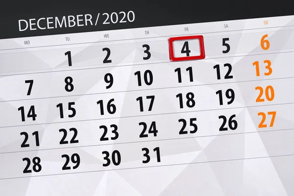 Планувальник Календаря Місяць Грудень 2020 Року Кінцевий День Ятниця — стокове фото