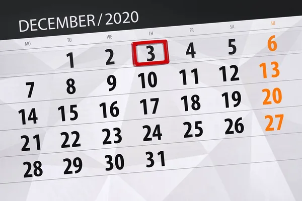 Calendar Planner Month December 2020 Deadline Day Thursday — Stock Photo, Image