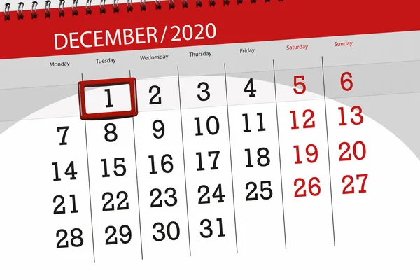 Kalendář Plánovač Měsíc Prosinec 2020 Termín Den Úterý — Stock fotografie
