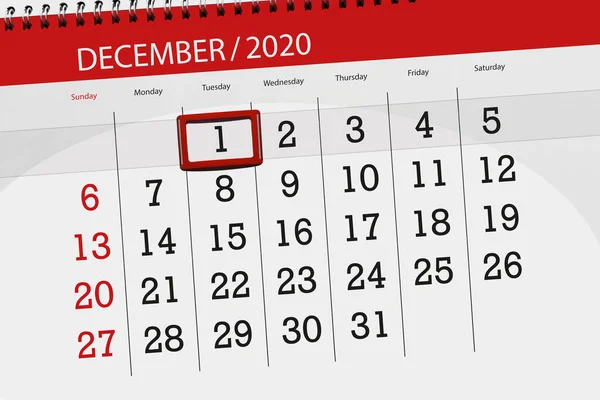 Calendar Planner Month December 2020 Deadline Day Tuesday — Stock Photo, Image