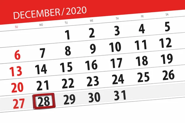 Planificador Calendario Para Mes Diciembre 2020 Fecha Límite Lunes — Foto de Stock