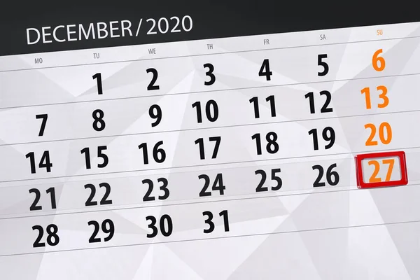 Calendário Planejador Para Mês Dezembro 2020 Data Limite Domingo — Fotografia de Stock