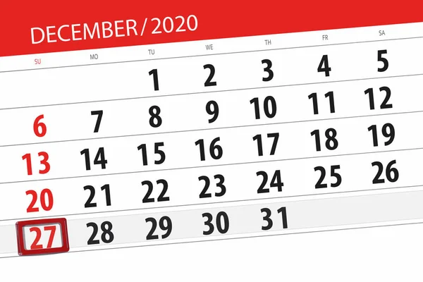 Kalenderplanner Voor Maand December 2020 Deadline Dag Zondag — Stockfoto