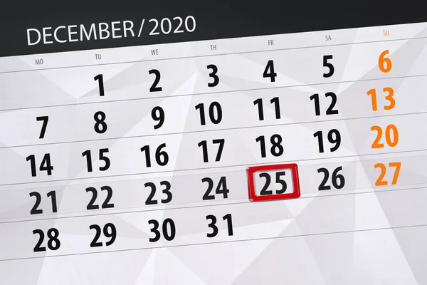 Calendário Planejador Para Mês Dezembro 2020 Data Limite Sexta Feira — Fotografia de Stock