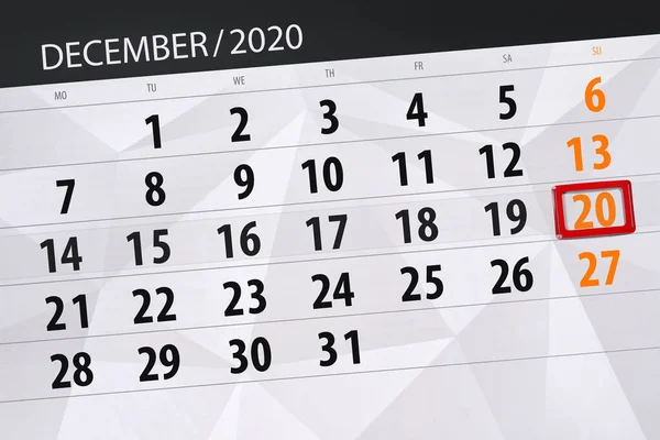 Kalenderplanner Voor Maand December 2020 Deadline Dag Zondag — Stockfoto