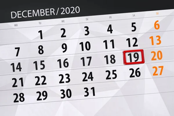 Planificator Calendar Pentru Luna Decembrie 2020 Data Limită Sâmbătă — Fotografie, imagine de stoc