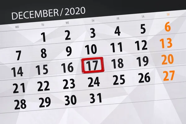 Calendar Planner Month December 2020 Deadline Day Thursday — Stock Photo, Image