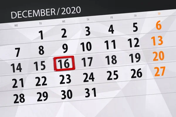 Kalendář Plánovač Měsíc Prosinec 2020 Termín Den Středa — Stock fotografie