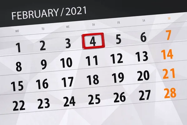 Calendar Planner Month February 2021 Deadline Day Thursday — Stock Photo, Image