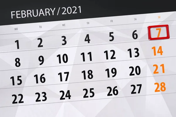 Calendário Planejador Para Mês Fevereiro 2021 Data Limite Domingo — Fotografia de Stock