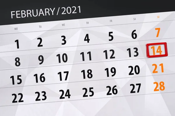 Calendário Planejador Para Mês Fevereiro 2021 Data Limite Domingo — Fotografia de Stock