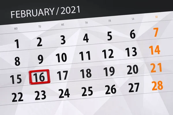 Calendar Planner Month February 2021 Deadline Day Tuesday — Stock Photo, Image