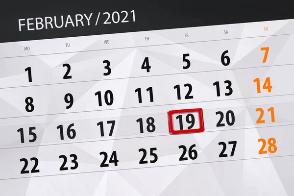 Kalendář Plánovač Měsíc Únor 2021 Termín Den Pátek — Stock fotografie