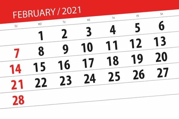 Planificador Calendario Para Mes Febrero 2021 Fecha Límite — Foto de Stock