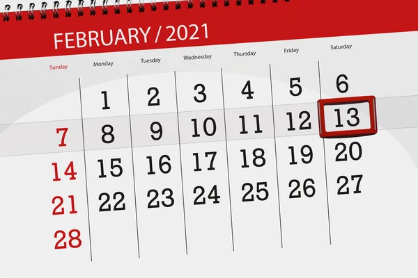 今月のカレンダープランナー2021年2月 締め切り 13日 土曜日 — ストック写真