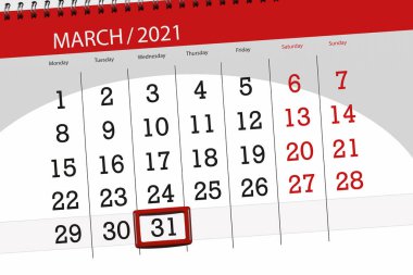 Ayın takvim planlayıcısı Mart 2021, son gün, Çarşamba, 31..