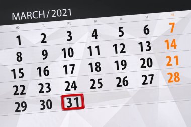 Ayın takvim planlayıcısı Mart 2021, son gün, Çarşamba, 31..
