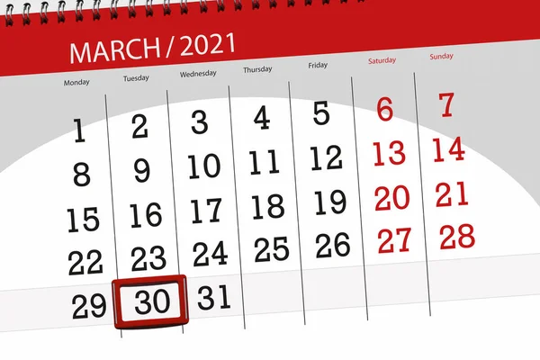 2021年3月份日历规划员 截止日期 30日 星期二 — 图库照片